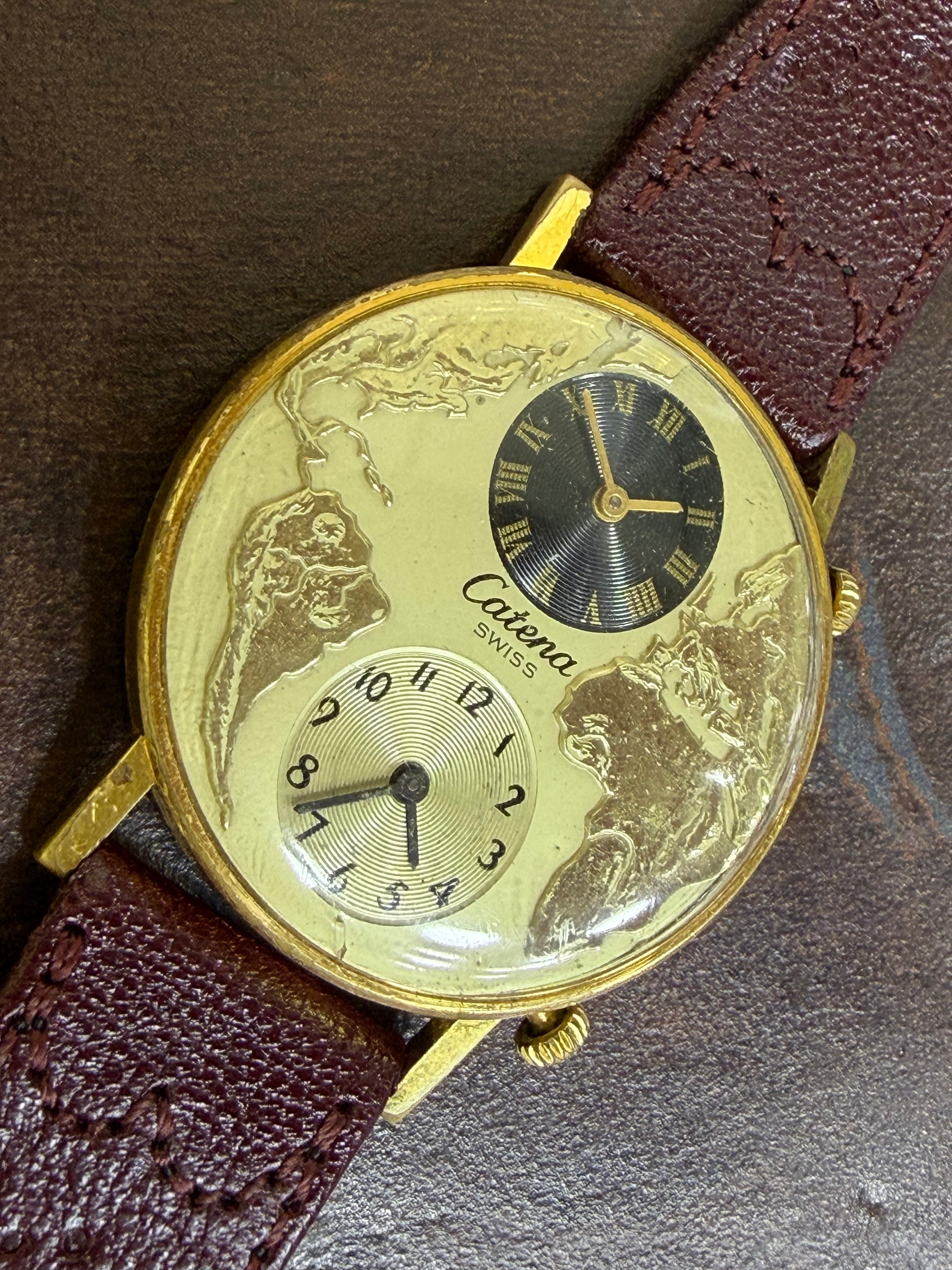 Vintage Catena Swiss Dual Time World Map Gold Plated - Ref. 346-507