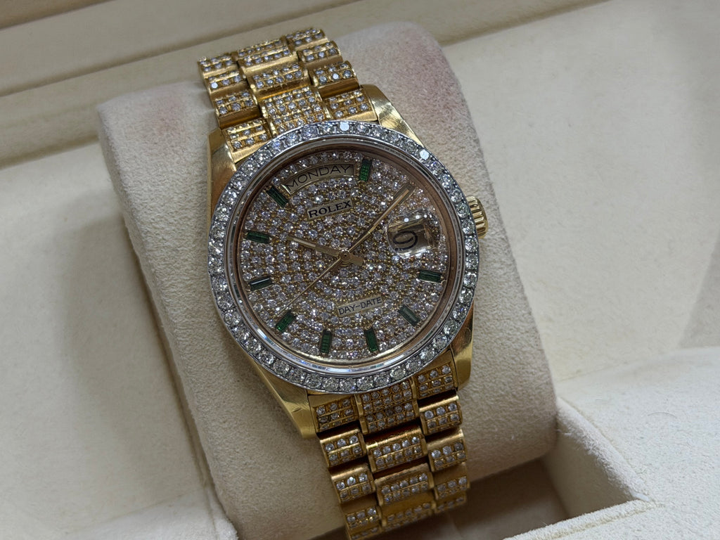 Rolex Day-Date President Yellow Gold Diamond Pavé Dial with Baguette Emerald Markers