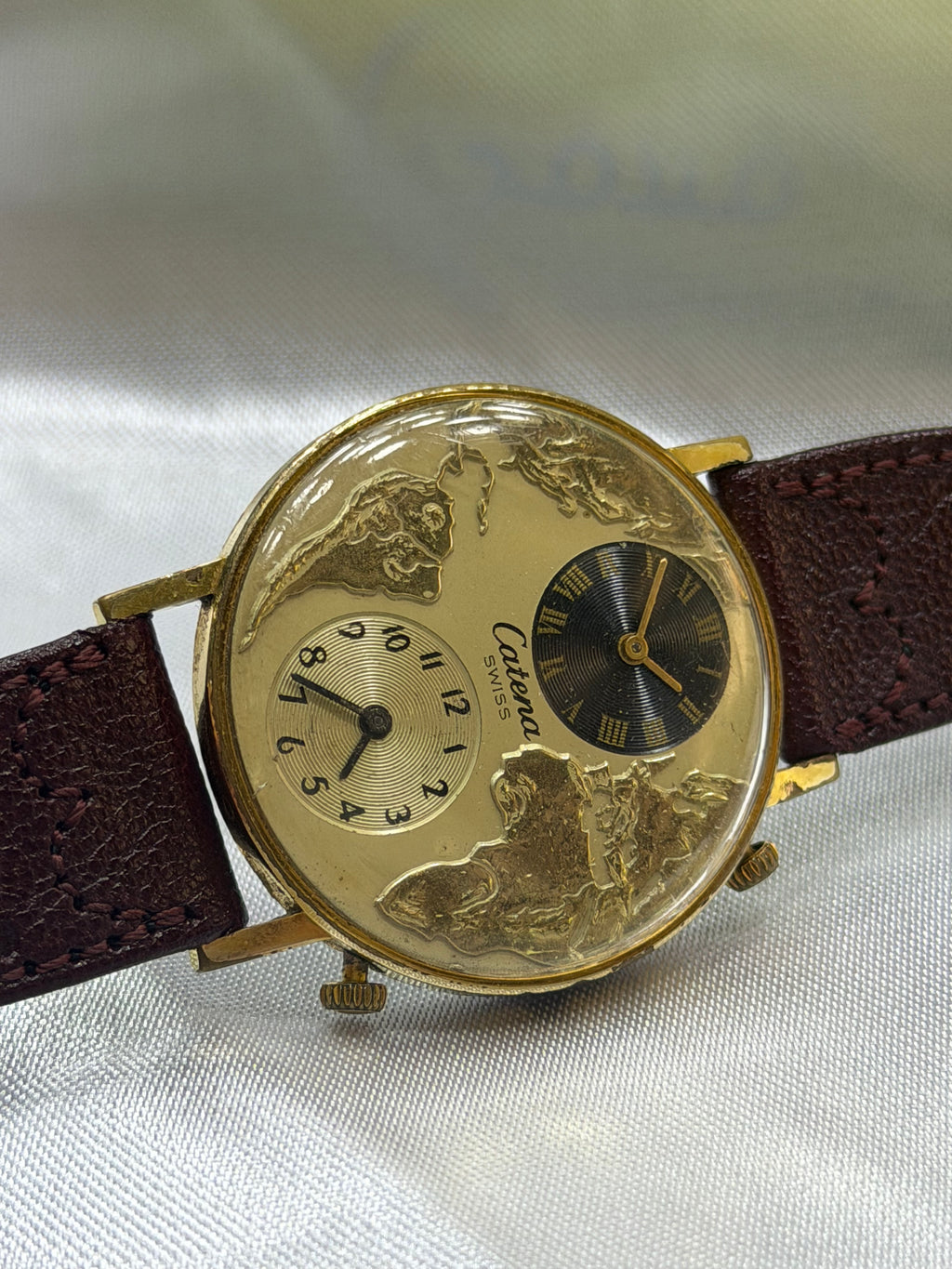 Vintage Catena Swiss Dual Time World Map Gold Plated - Ref. 346-507