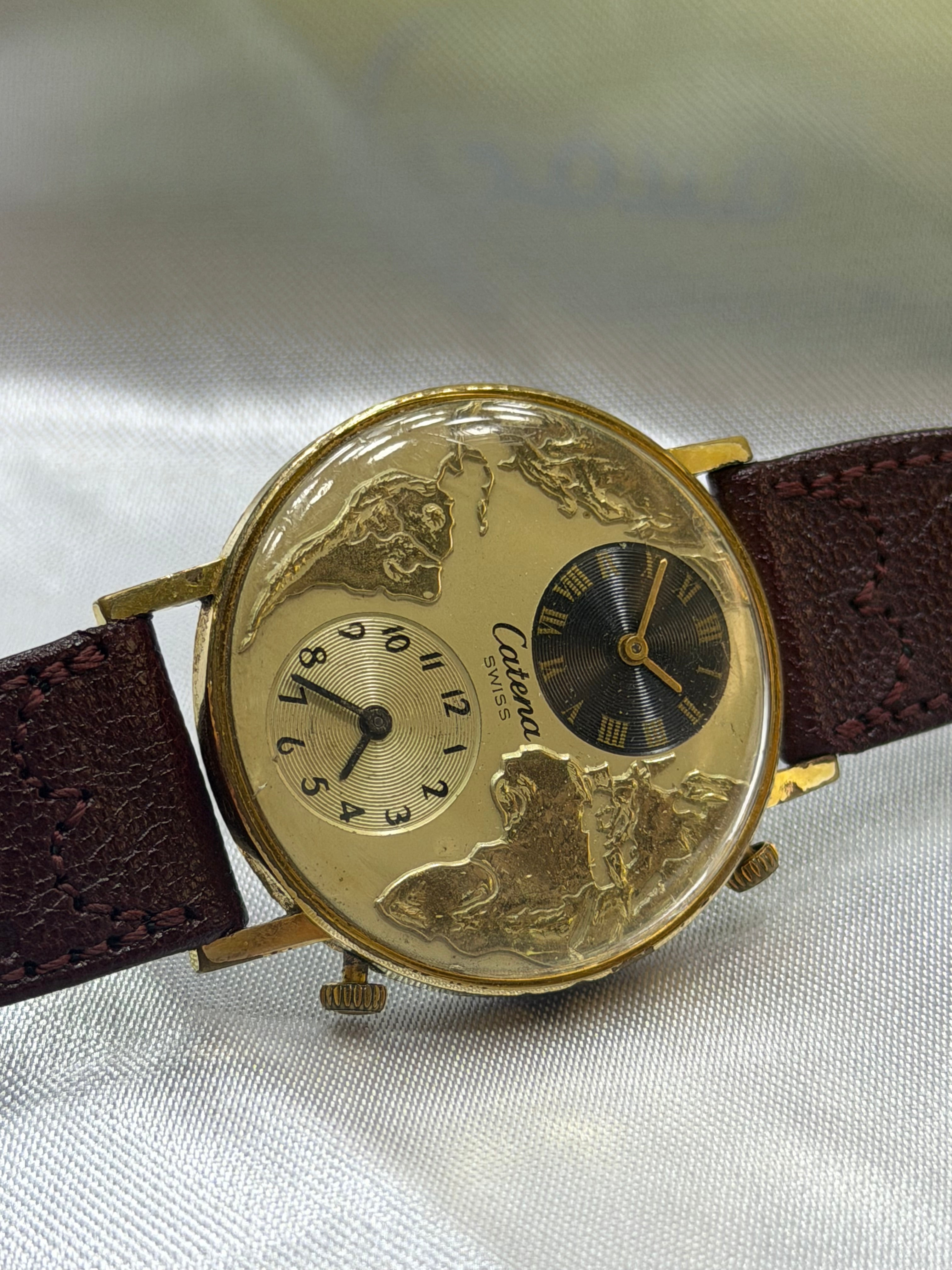 Vintage Catena Swiss Dual Time World Map Gold Plated - Ref. 346-507