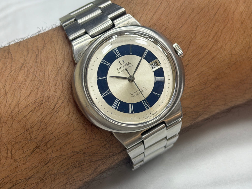 Vintage Omega Genève Dynamic Automatic - Rare Blue & Silver Roman Bulls-Eye Dial