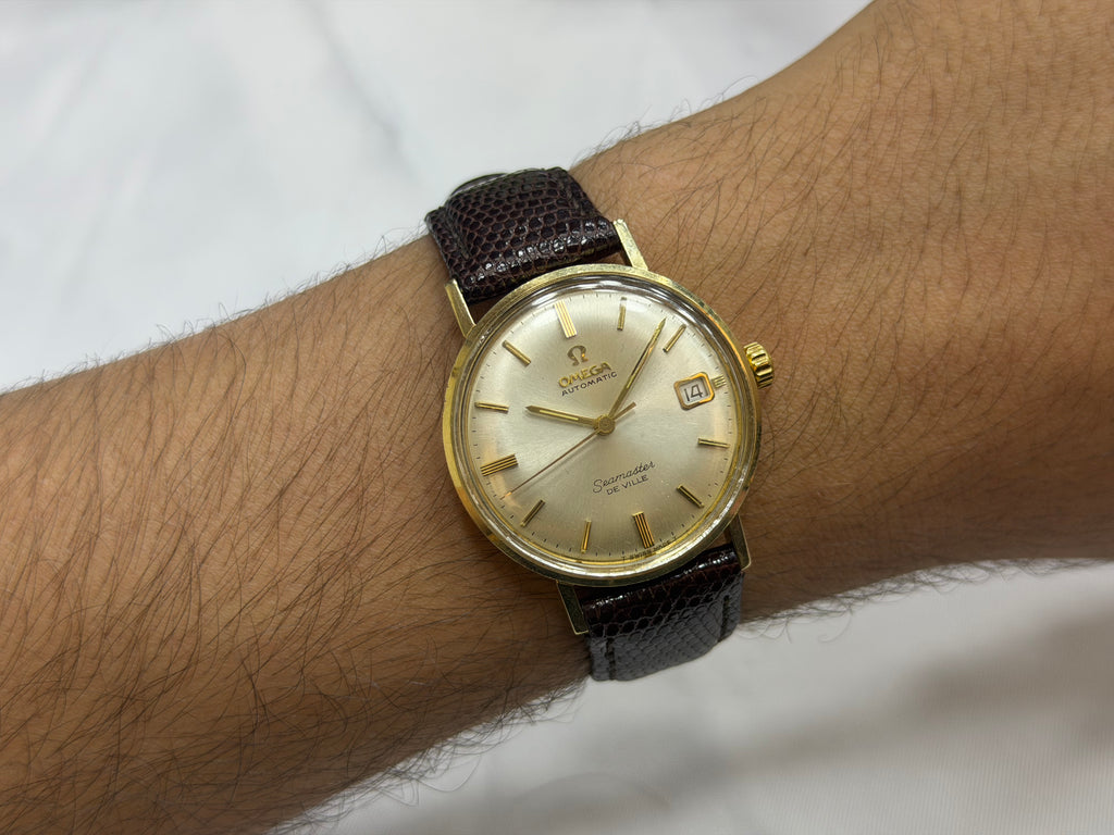 Vintage Gold 18k Omega Seamaster De Ville Automatic Champagne Sunburst Dial - Date at 3 o'clock