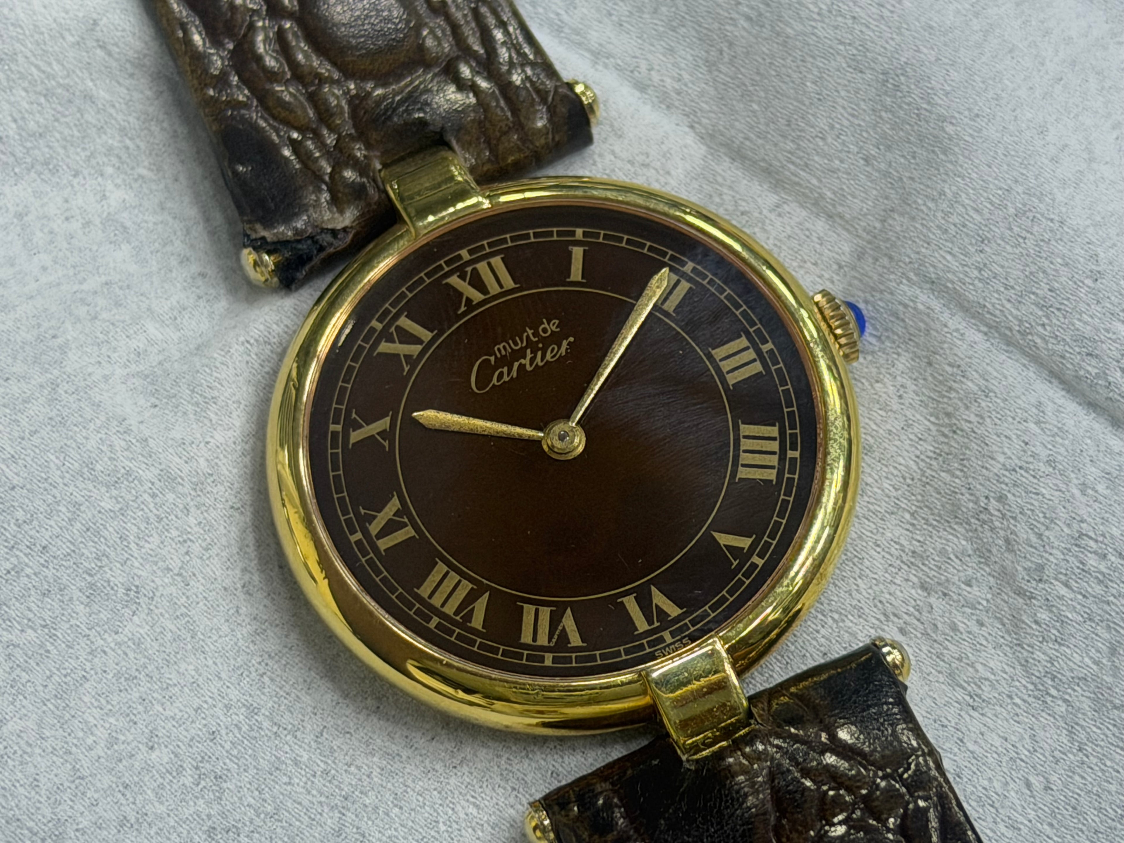 Vintage Must de Cartier Vendôme Vermeil 925 Silver Gold Plated - Mahogany Roman Dial