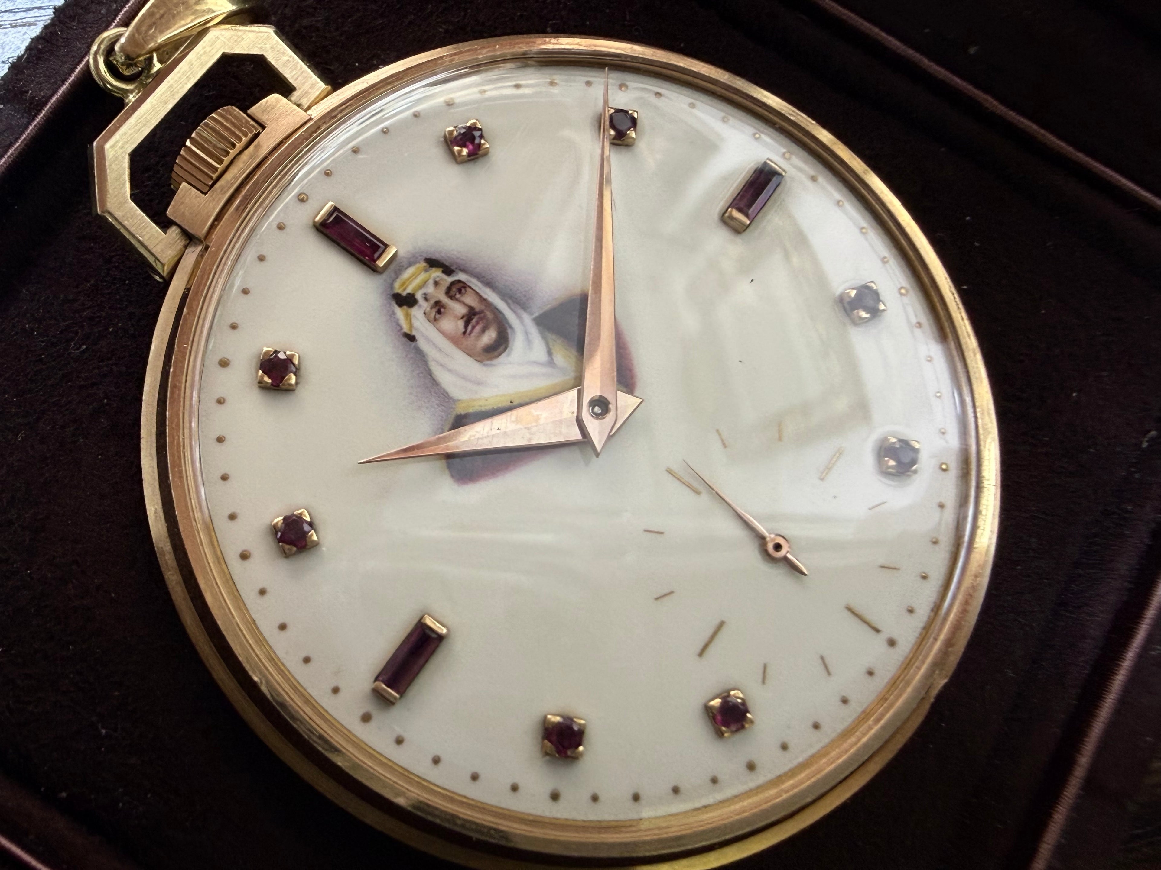 Patek Philippe Vintage 18k Yellow Gold Pocket Watch – Ultra-Rare King Saud Portrait Dial with Ruby Markers