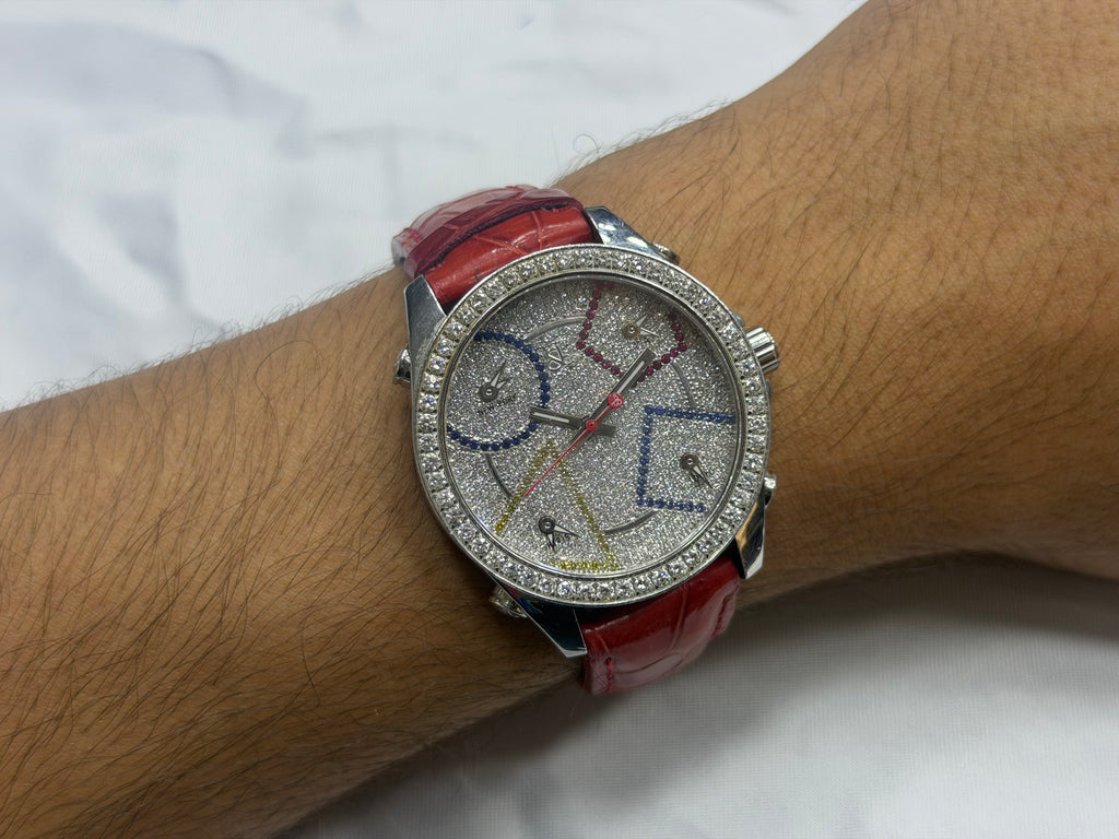 Jacob & Co. Five Time Zones Stainless Steel Full Diamond Pavé Dial & Bezel Red Alligator Strap - Serial N° s4548