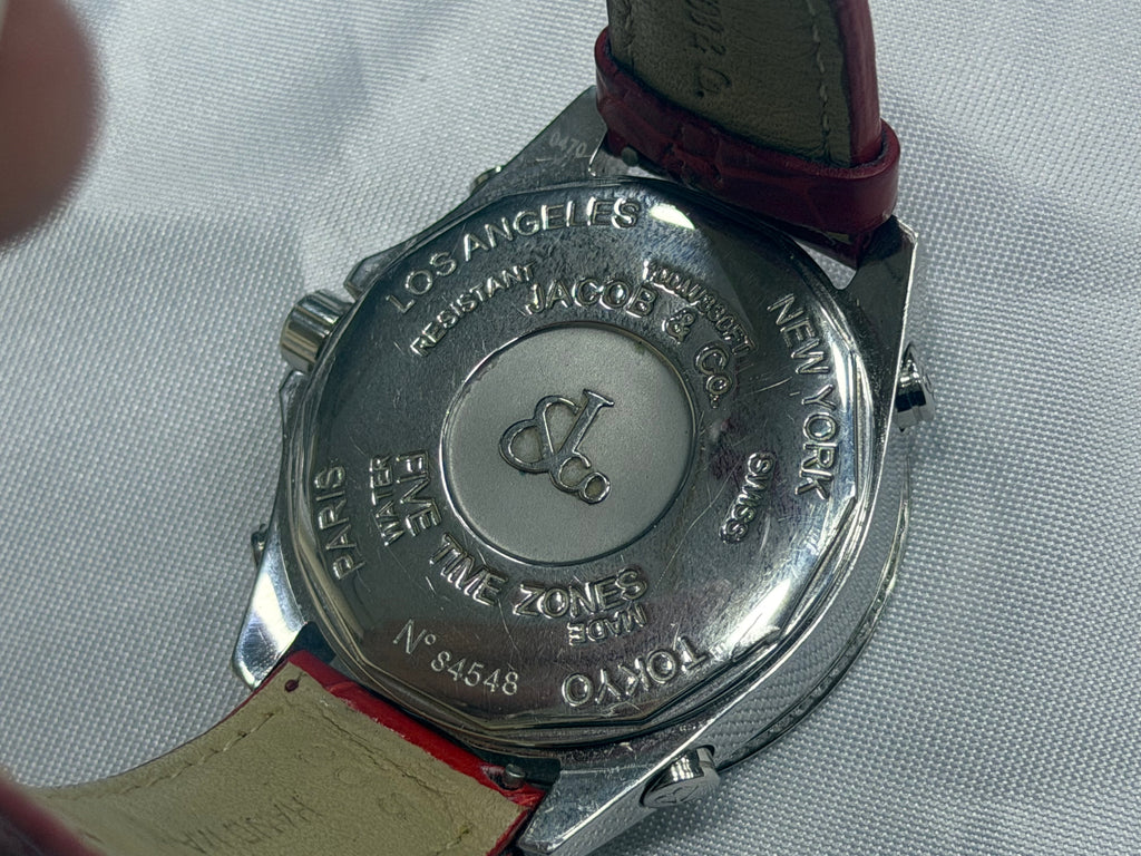 Jacob & Co. Five Time Zones Stainless Steel Full Diamond Pavé Dial & Bezel Red Alligator Strap - Serial N° s4548
