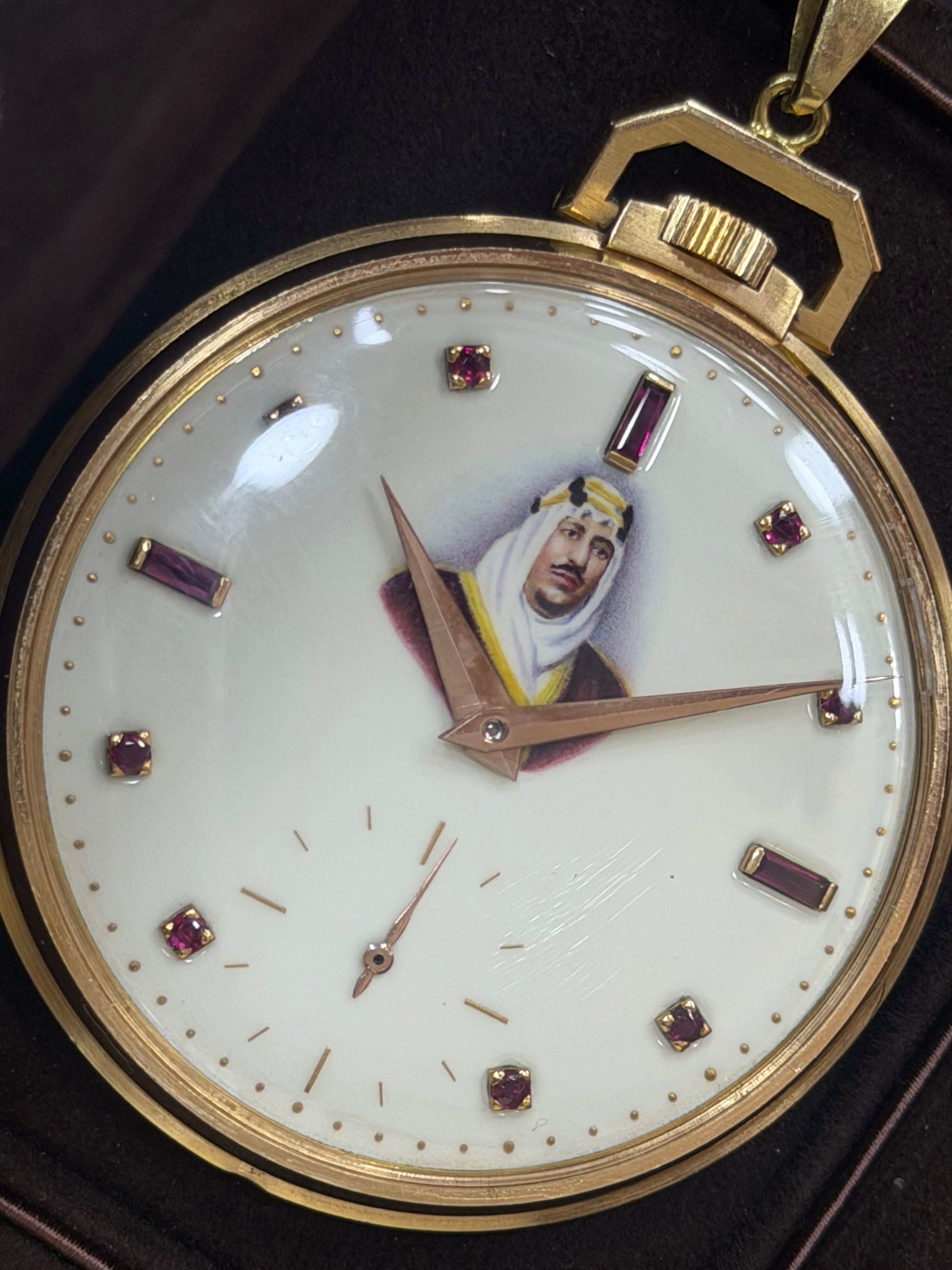 Patek Philippe Vintage 18k Yellow Gold Pocket Watch – Ultra-Rare King Saud Portrait Dial with Ruby Markers