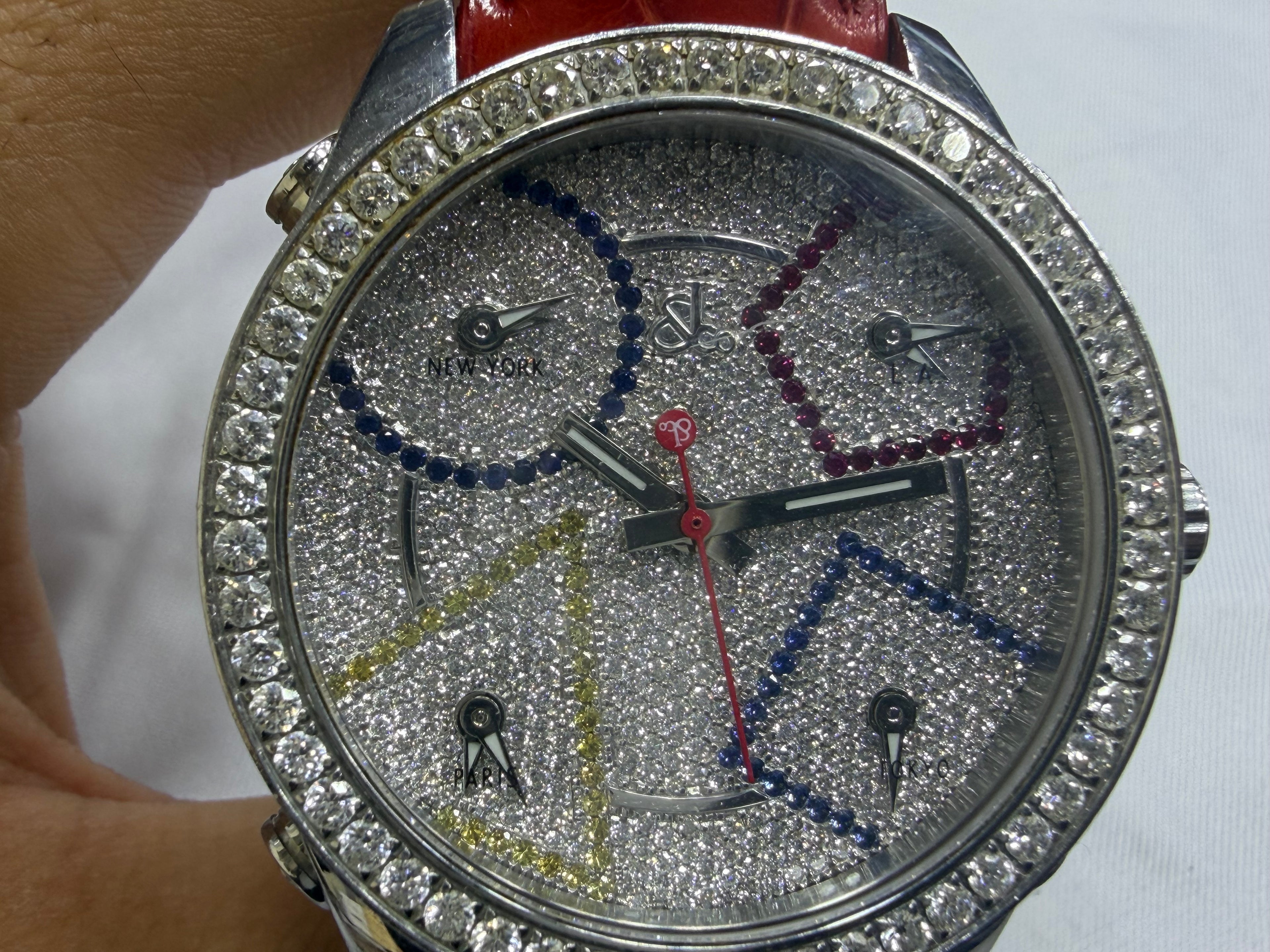 Jacob & Co. Five Time Zones Stainless Steel Full Diamond Pavé Dial & Bezel Red Alligator Strap - Serial N° s4548