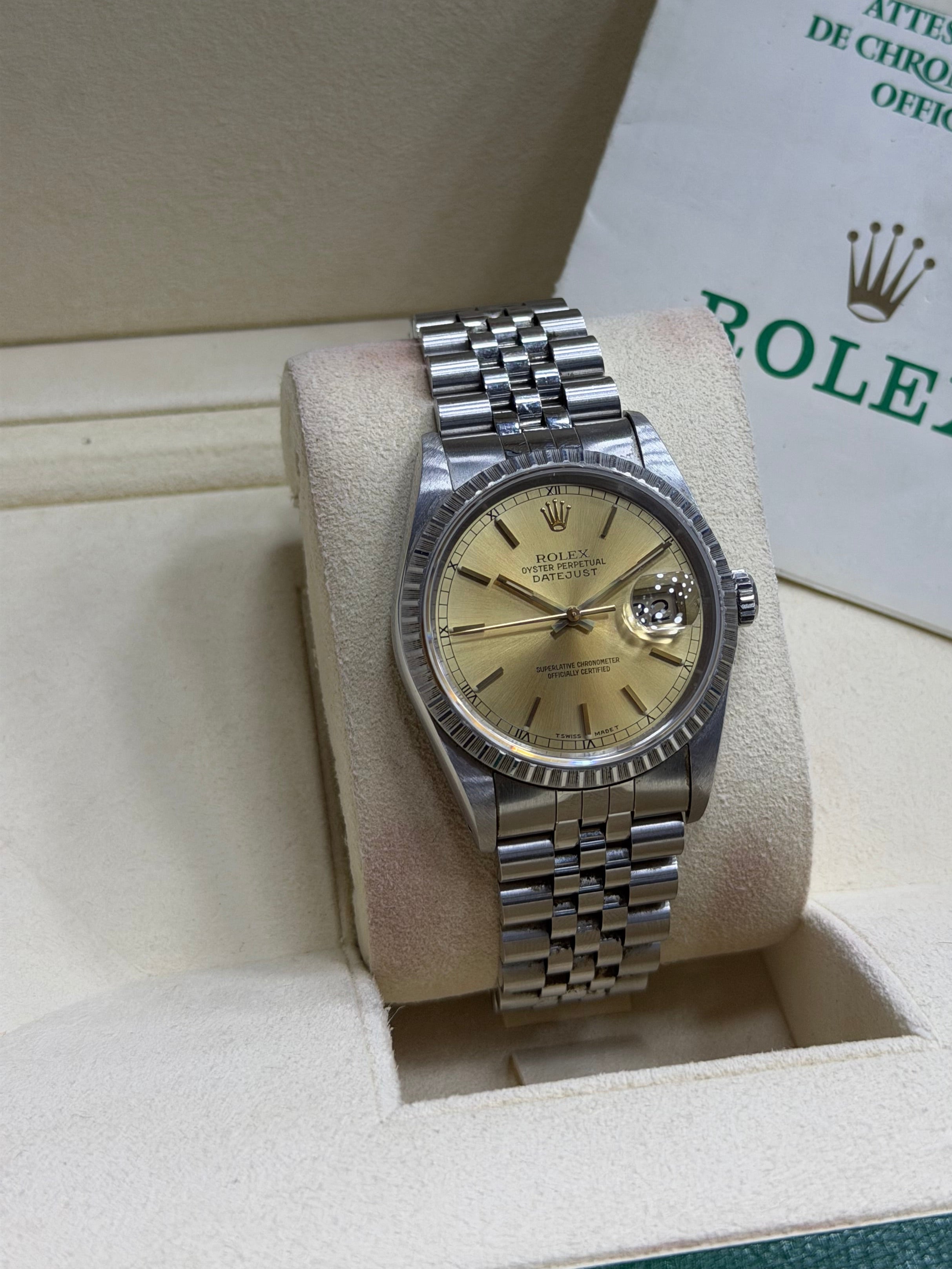 Vintage Rolex Datejust 36 Stainless Steel Champagne Dial - Ref. 16220 / 16234 (With Box & Papers) 1999