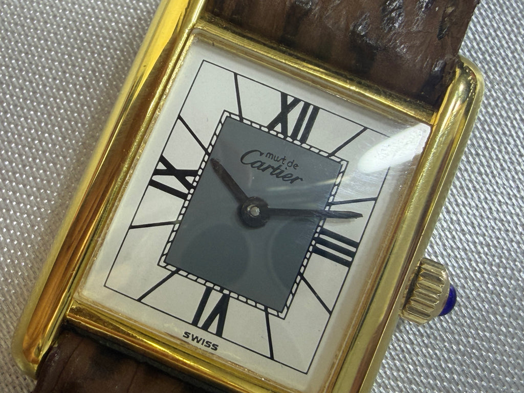 Vintage Must de Cartier Tank Vermeil 925 Silver Gold Plated - Rare Slate & Exploding Roman Dia